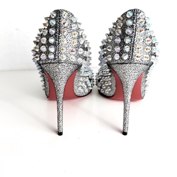 New CHRISTIAN LOUBOUTIN Nappa Mica Follies Spikes 100 Pumps Silver - Picture 6 of 10